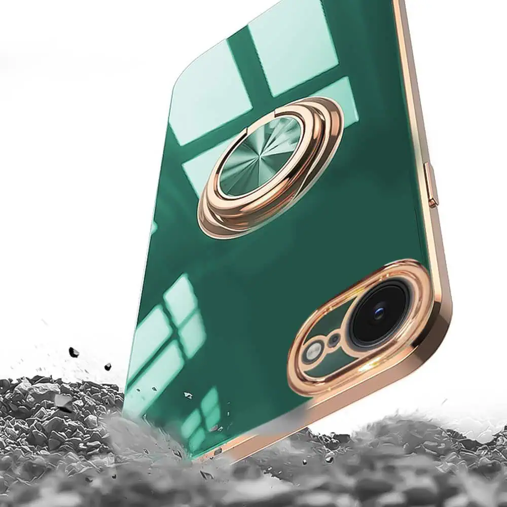 Etui do iPhone 16e eleganckie, ze złotym, metalowym uchwytem i zdobieniami, osłona na aparat, zielone
