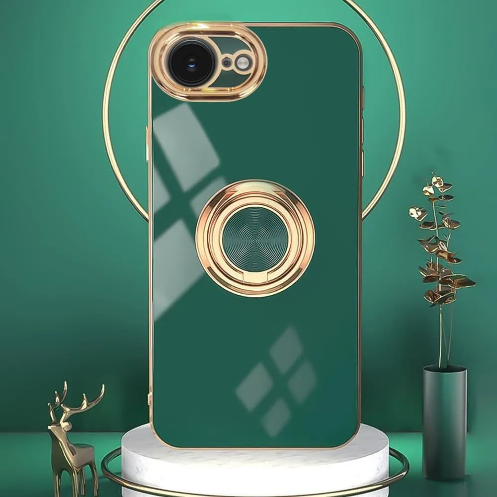 Etui do iPhone 16e eleganckie, ze złotym, metalowym uchwytem i zdobieniami, osłona na aparat, zielone