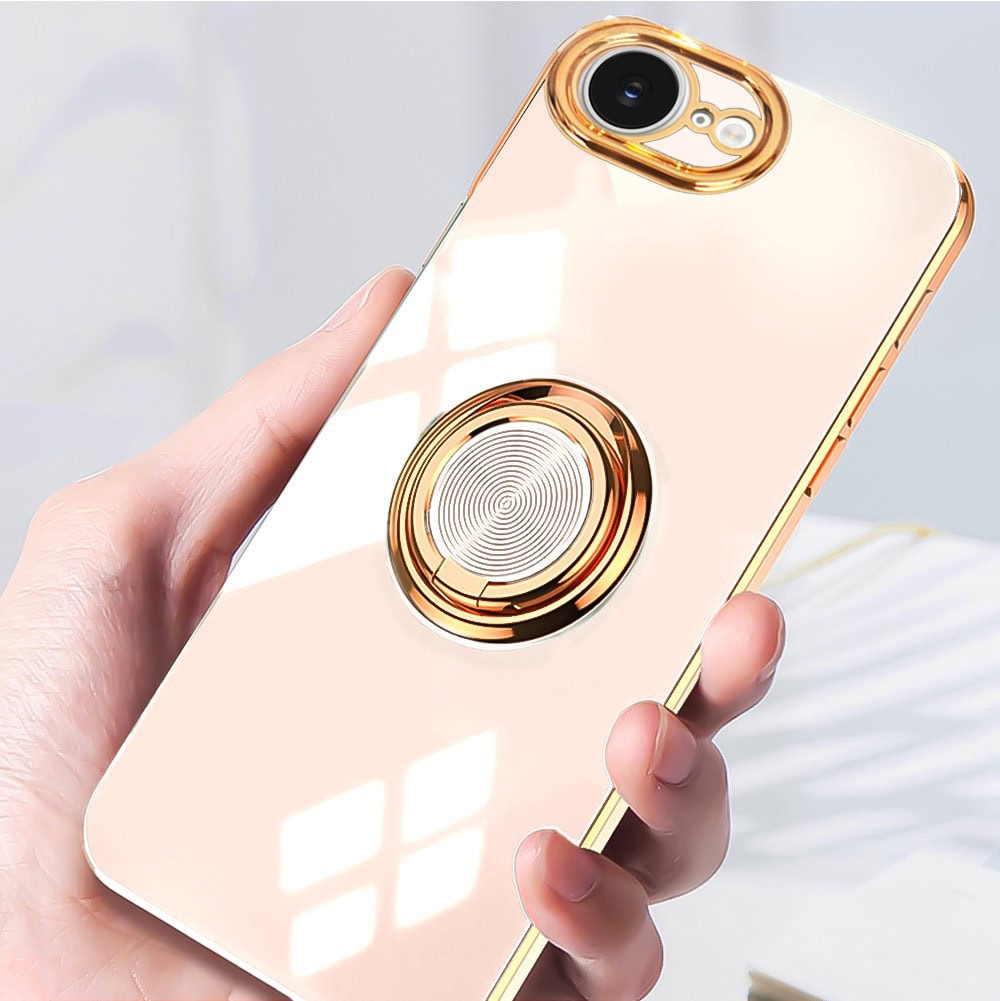 Etui do iPhone 16e eleganckie, ze złotym, metalowym uchwytem i zdobieniami, osłona na aparat, złoty róż