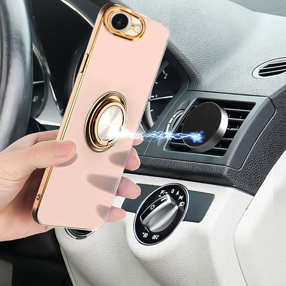 Etui do iPhone 16e eleganckie, ze złotym, metalowym uchwytem i zdobieniami, osłona na aparat, złoty róż