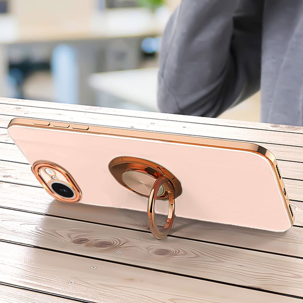 Etui do iPhone 16e eleganckie, ze złotym, metalowym uchwytem i zdobieniami, osłona na aparat, złoty róż