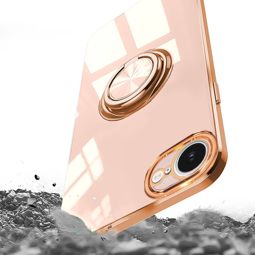 Etui do iPhone 16e eleganckie, ze złotym, metalowym uchwytem i zdobieniami, osłona na aparat, złoty róż