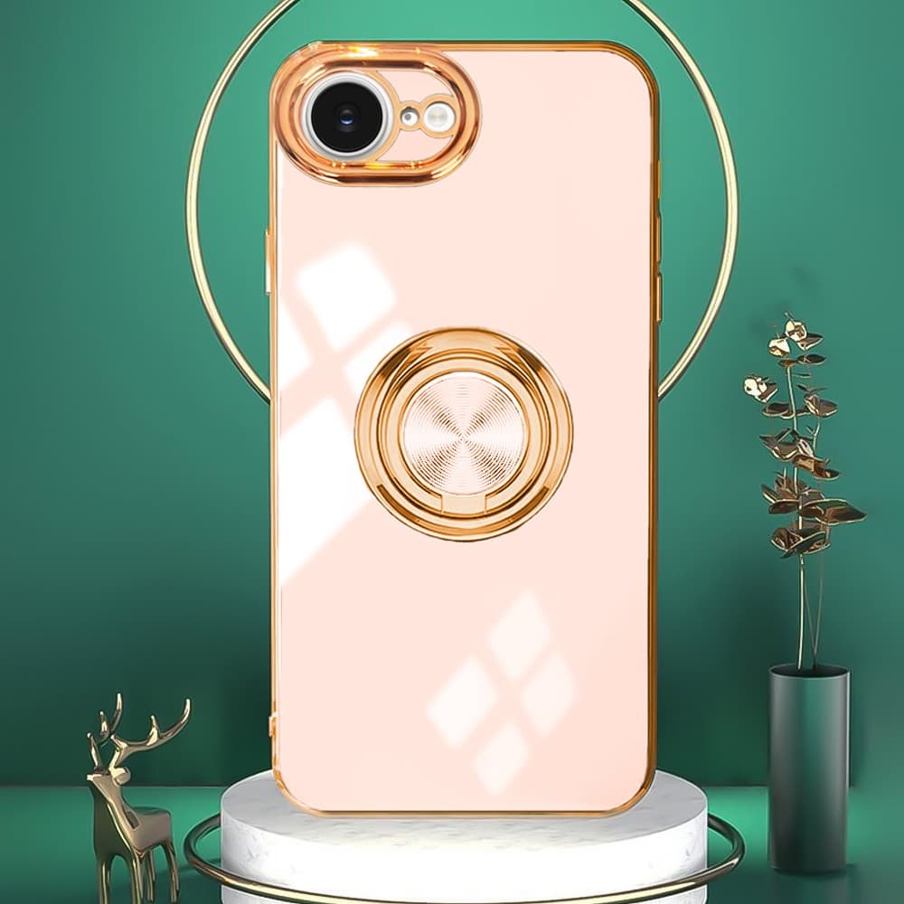 Etui do iPhone 16e eleganckie, ze złotym, metalowym uchwytem i zdobieniami, osłona na aparat, złoty róż