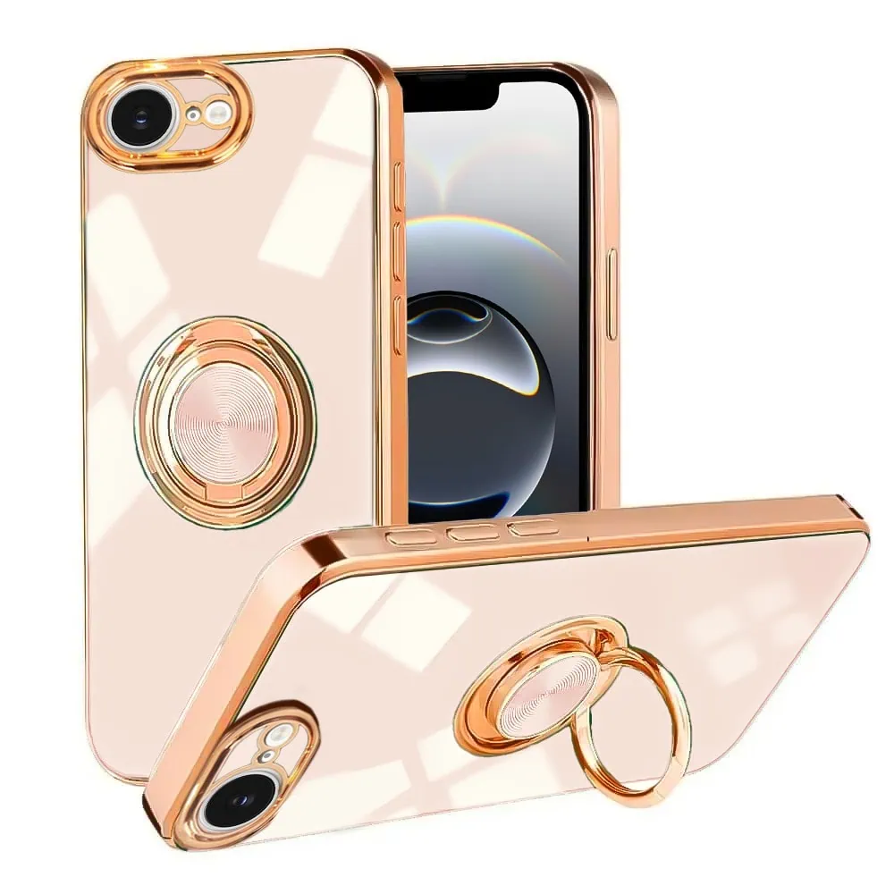 Etui do iPhone 16e eleganckie, ze złotym, metalowym uchwytem i zdobieniami, osłona na aparat, złoty róż