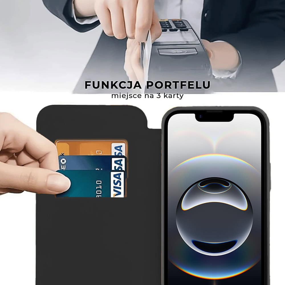 Etui do iPhone 16e typu książka Book MagSafe Lens Protect, z klapką, czarne