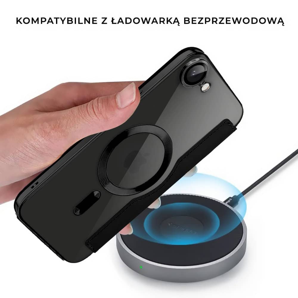 Etui do iPhone 16e typu książka Book MagSafe Lens Protect, z klapką, czarne