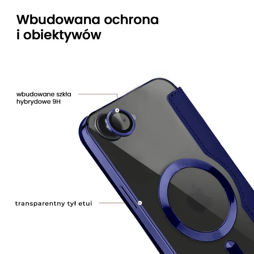 Etui do iPhone 16e typu książka Book MagSafe Lens Protect, z klapką, granatowe