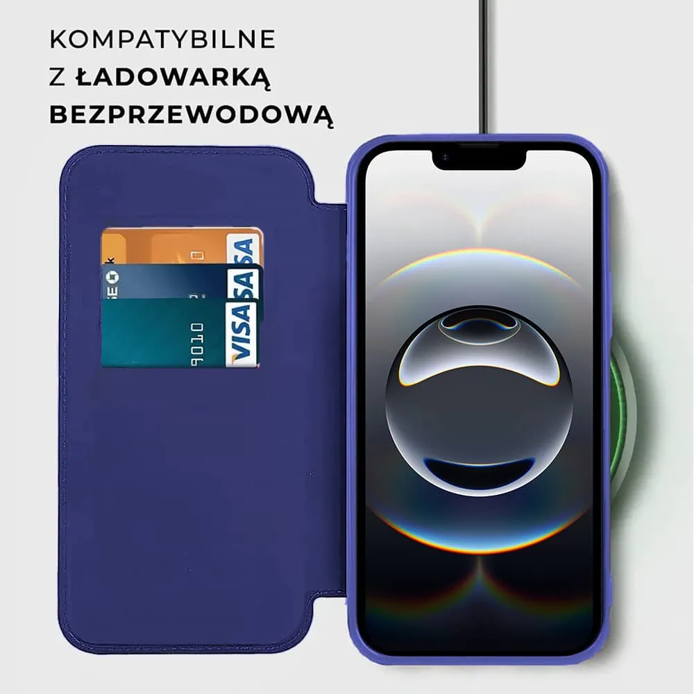 Etui do iPhone 16e typu książka Book MagSafe Lens Protect, z klapką, granatowe