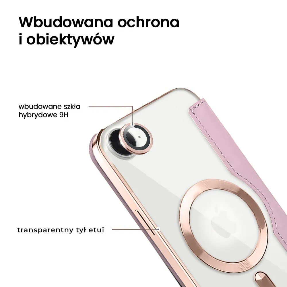 Etui do iPhone 16e typu książka Book MagSafe Lens Protect, z klapką, różowe