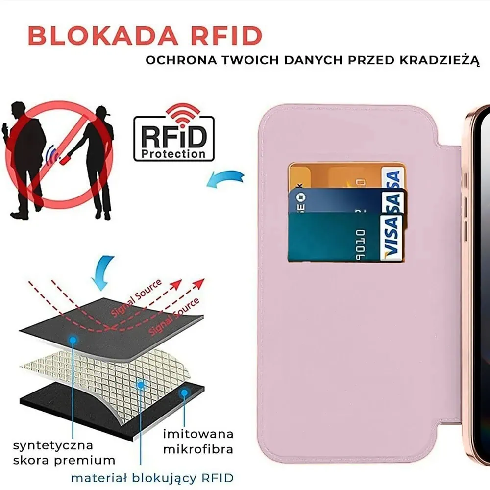 Etui do iPhone 16e typu książka Book MagSafe Lens Protect, z klapką, różowe
