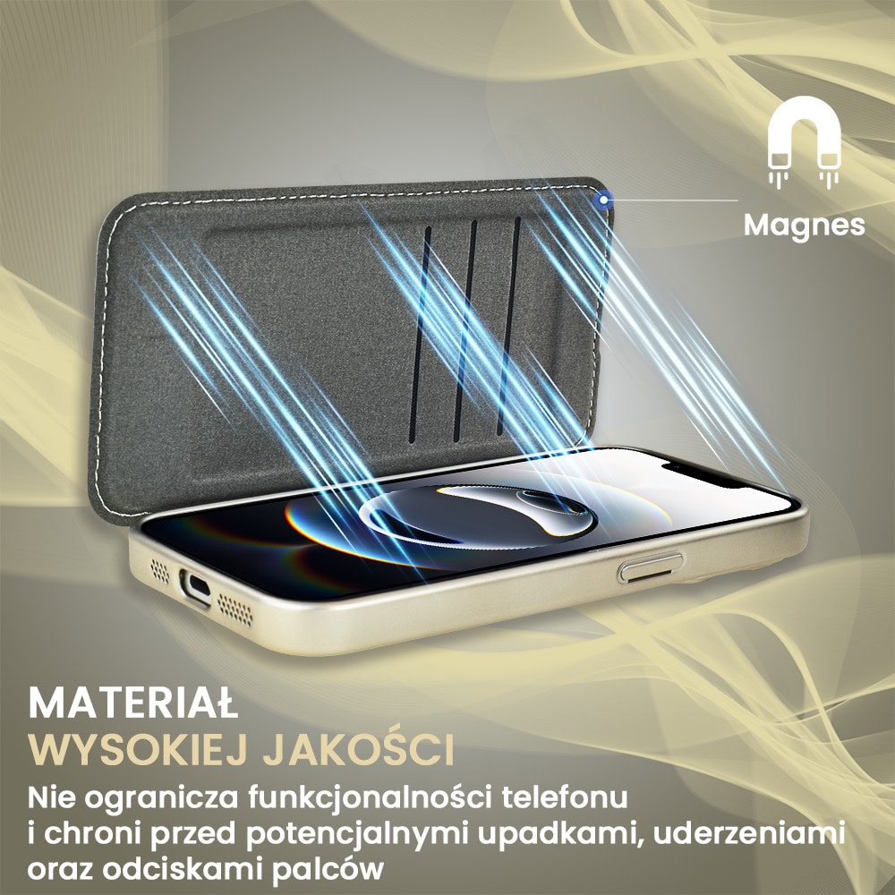 Etui do iPhone 16e typu książka Book MagSafe Lens Protect, z klapką, tytanowe