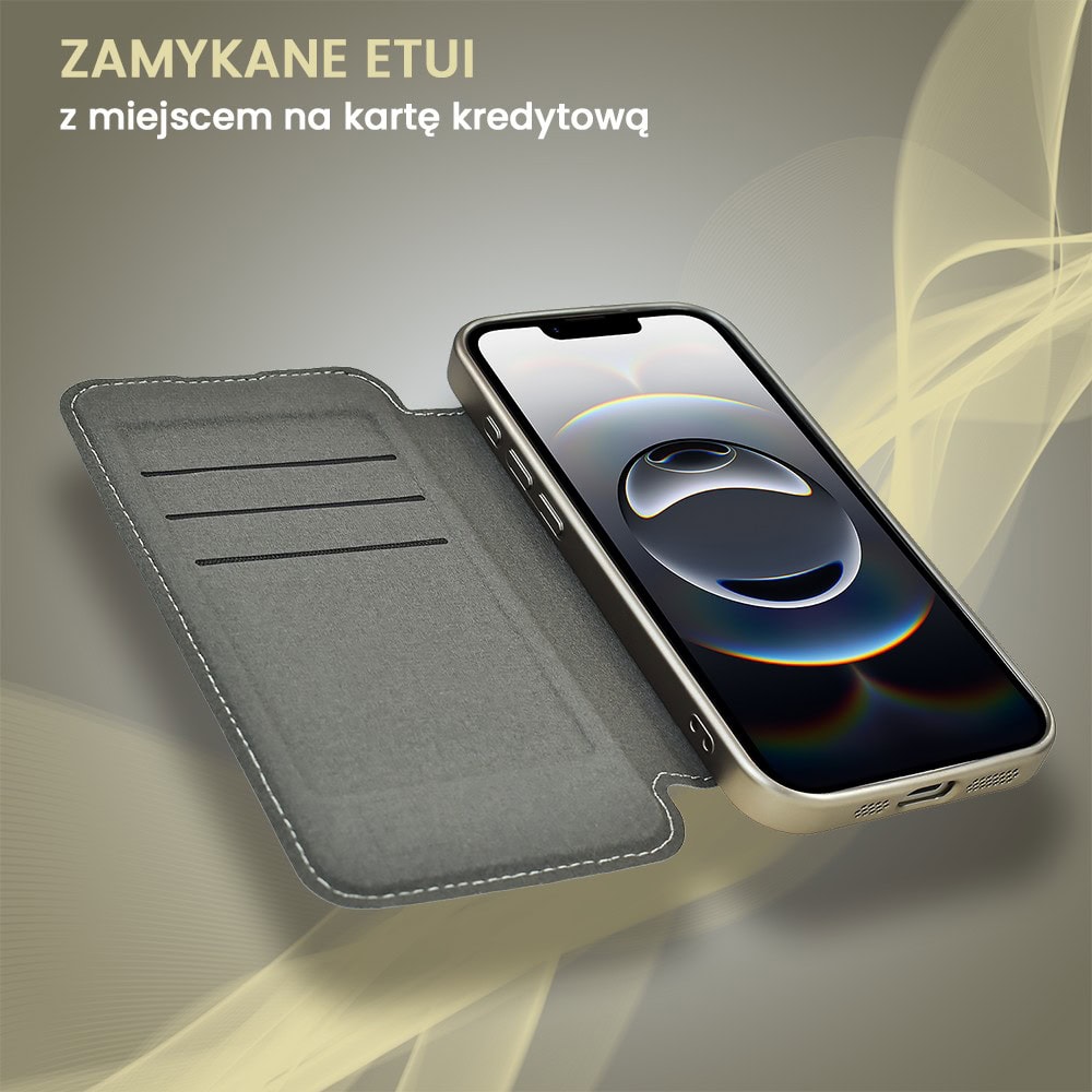 Etui do iPhone 16e typu książka Book MagSafe Lens Protect, z klapką, tytanowe