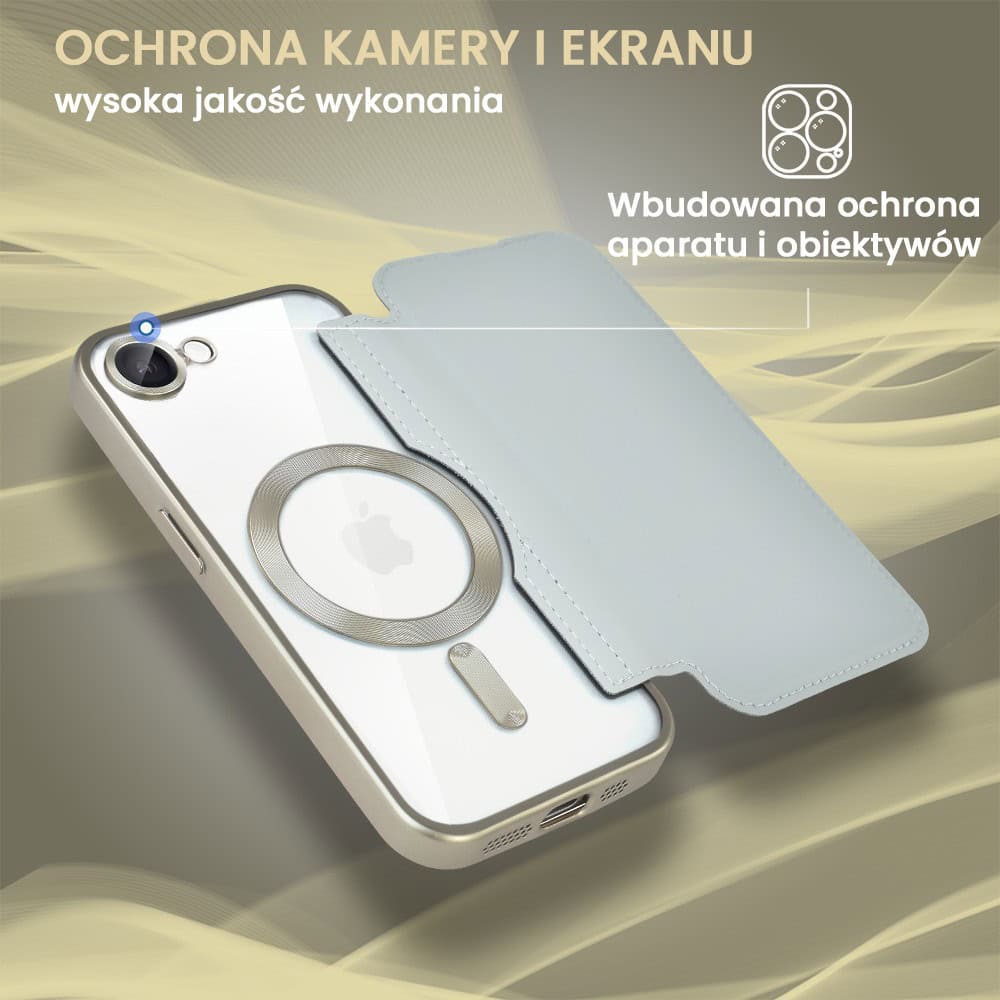 Etui do iPhone 16e typu książka Book MagSafe Lens Protect, z klapką, tytanowe
