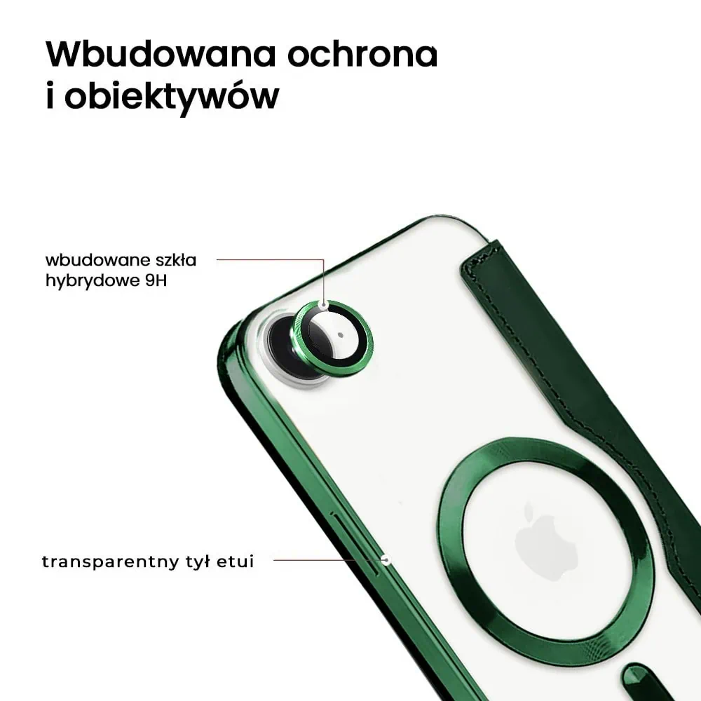 Etui do iPhone 16e typu książka Book MagSafe Lens Protect, z klapką, zielone