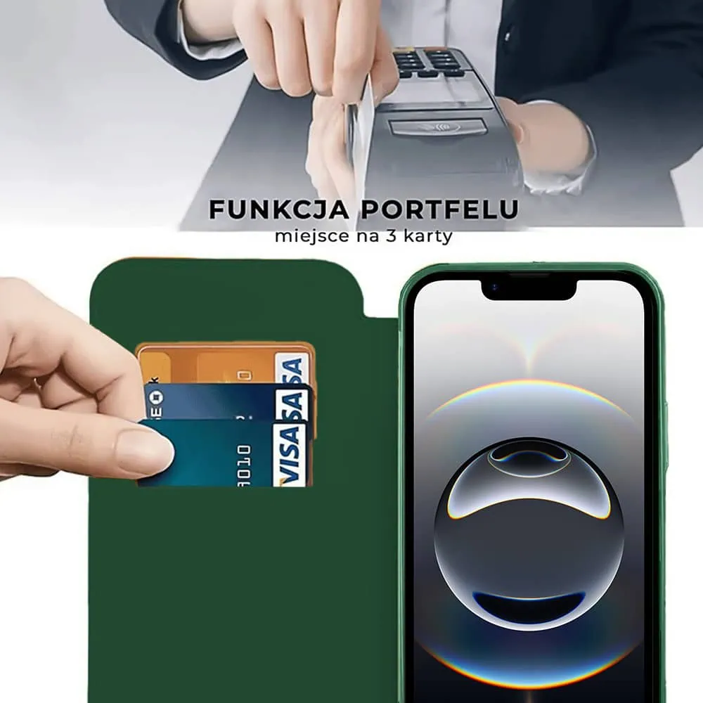 Etui do iPhone 16e typu książka Book MagSafe Lens Protect, z klapką, zielone