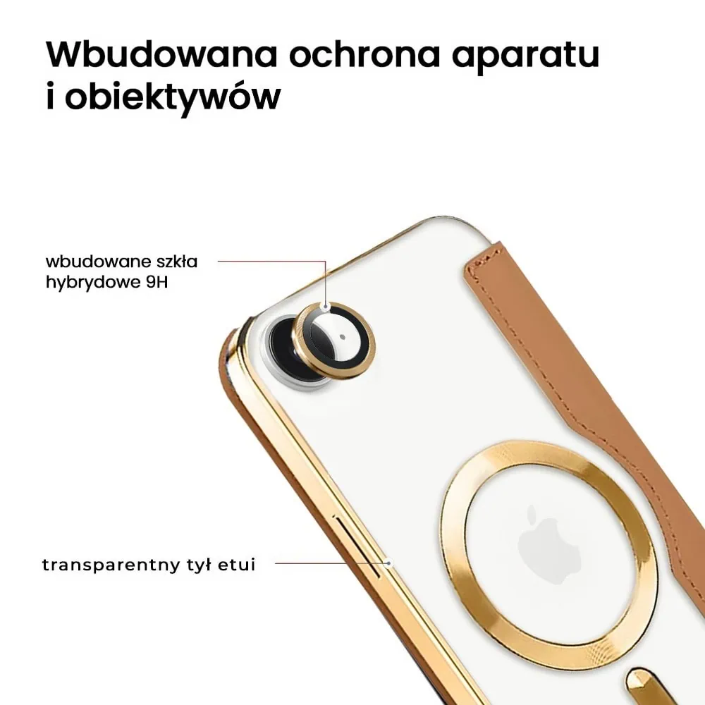 Etui do iPhone 16e typu książka Book MagSafe Lens Protect, z klapką, złote