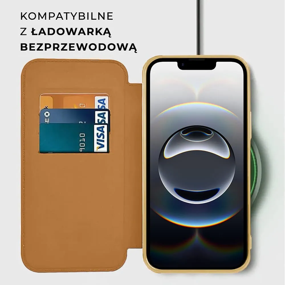 Etui do iPhone 16e typu książka Book MagSafe Lens Protect, z klapką, złote