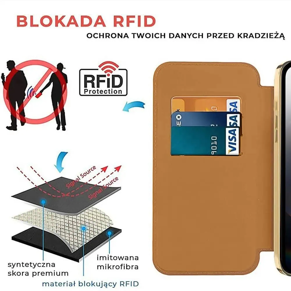 Etui do iPhone 16e typu książka Book MagSafe Lens Protect, z klapką, złote
