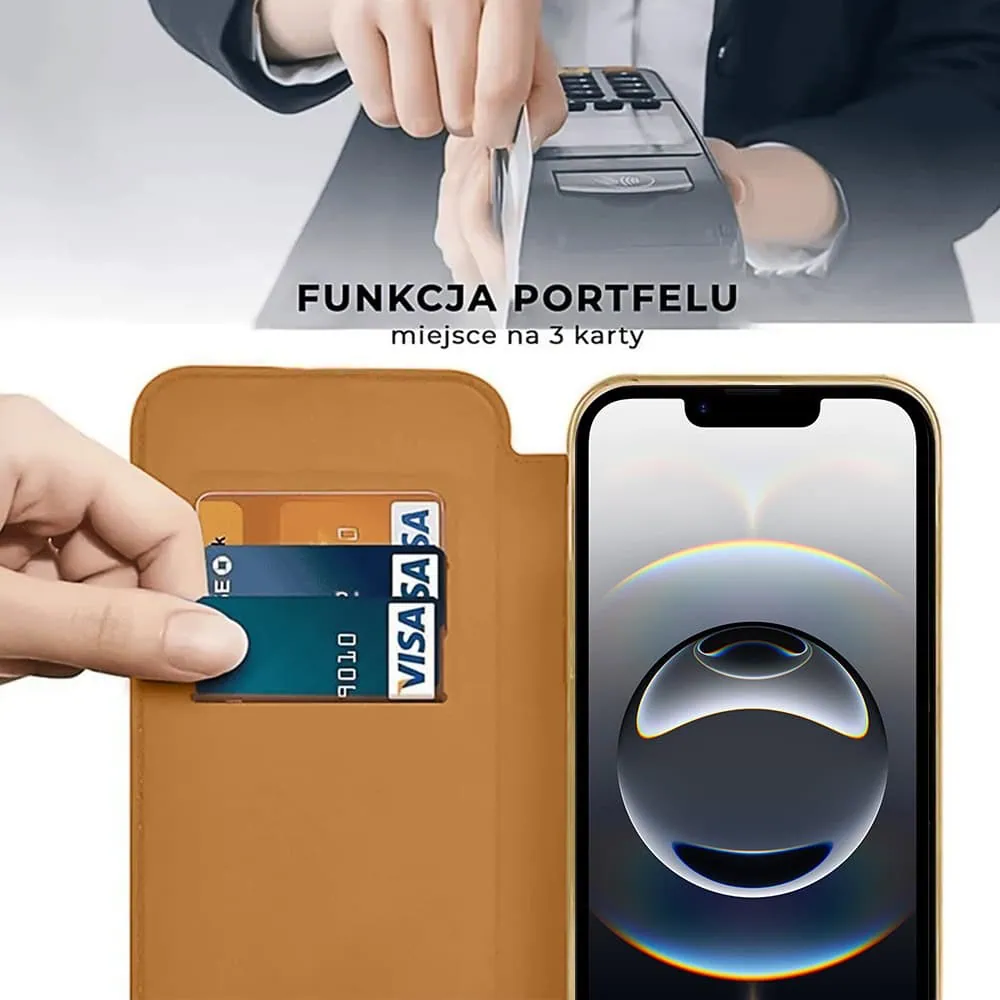 Etui do iPhone 16e typu książka Book MagSafe Lens Protect, z klapką, złote