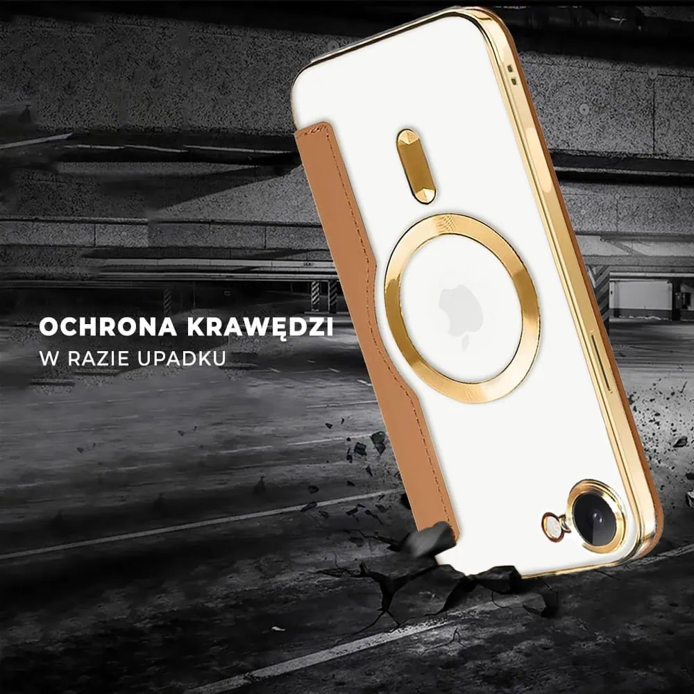 Etui do iPhone 16e typu książka Book MagSafe Lens Protect, z klapką, złote