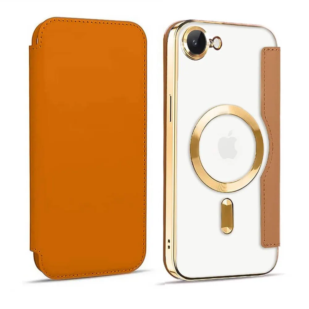 Etui do iPhone 16e typu książka Book MagSafe Lens Protect, z klapką, złote