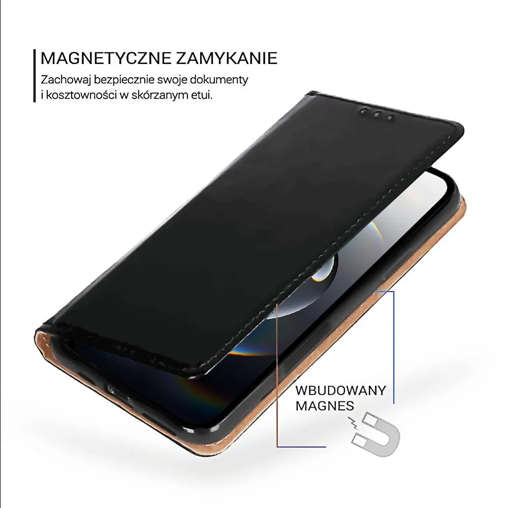 Etui do iPhone 16e zamykane, eleganckie skórzane, czarne