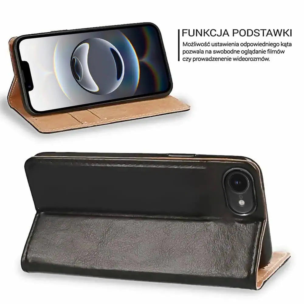 Etui do iPhone 16e zamykane, eleganckie skórzane, czarne