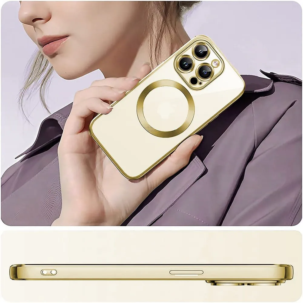 Etui do iPhone 14 Pro Slim Protect Full Cover MagSafe Hard Back, twardy tył, przeźroczyste, złote