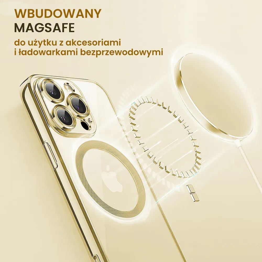 Etui do iPhone 14 Pro Slim Protect Full Cover MagSafe Hard Back, twardy tył, przeźroczyste, złote