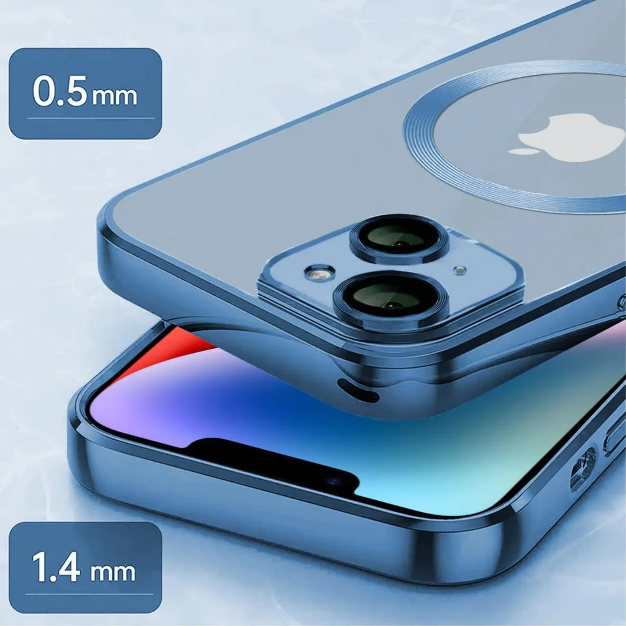 Etui do iPhone 14 Slim Protect Full Cover MagSafe Hard Back, twardy tył, przeźroczyste, górski niebieski