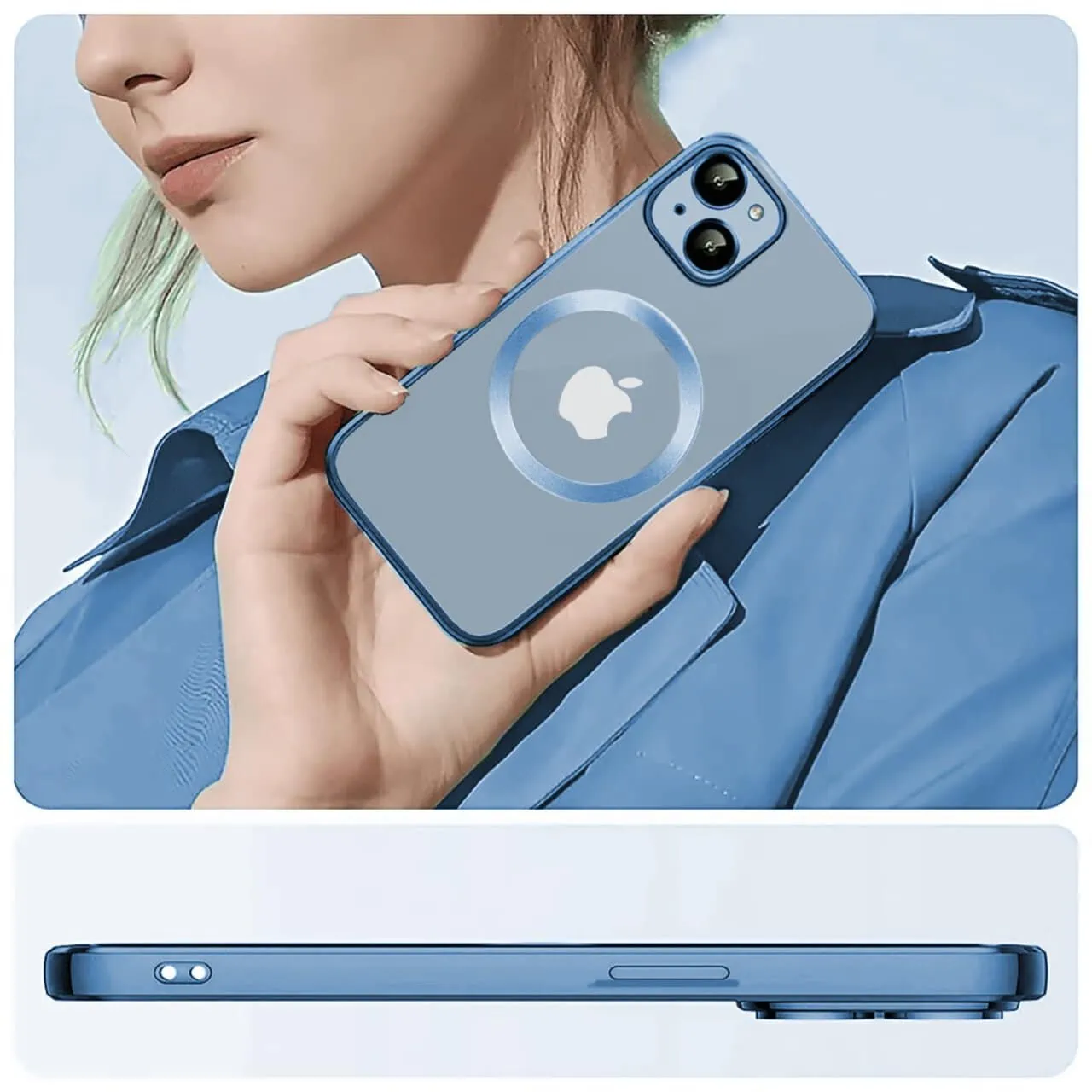 Etui do iPhone 14 Slim Protect Full Cover MagSafe Hard Back, twardy tył, przeźroczyste, górski niebieski
