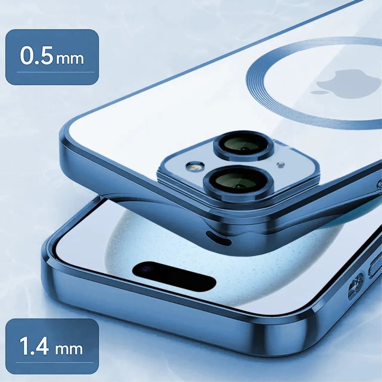 Etui do iPhone 15 Slim Protect Full Cover MagSafe Hard Back, twardy tył, przeźroczyste, górski niebieski