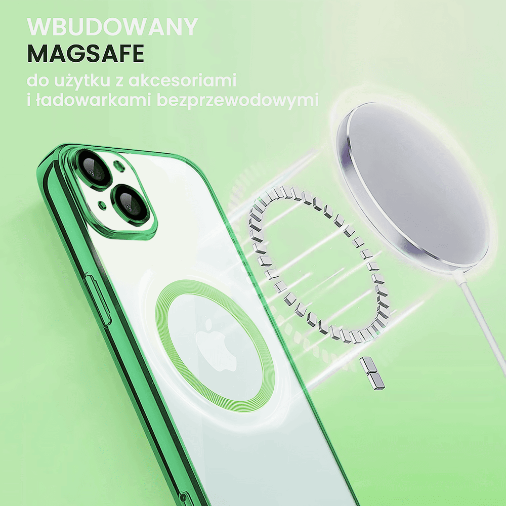 Etui do iPhone 15 Plus Slim Protect Full Cover MagSafe Hard Back, twardy tył, przeźroczyste, zielone