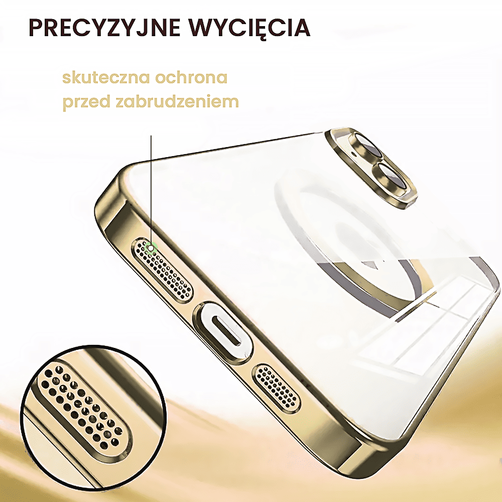 Etui do iPhone 15 Slim Protect Full Cover MagSafe Hard Back, twardy tył, przeźroczyste, złote