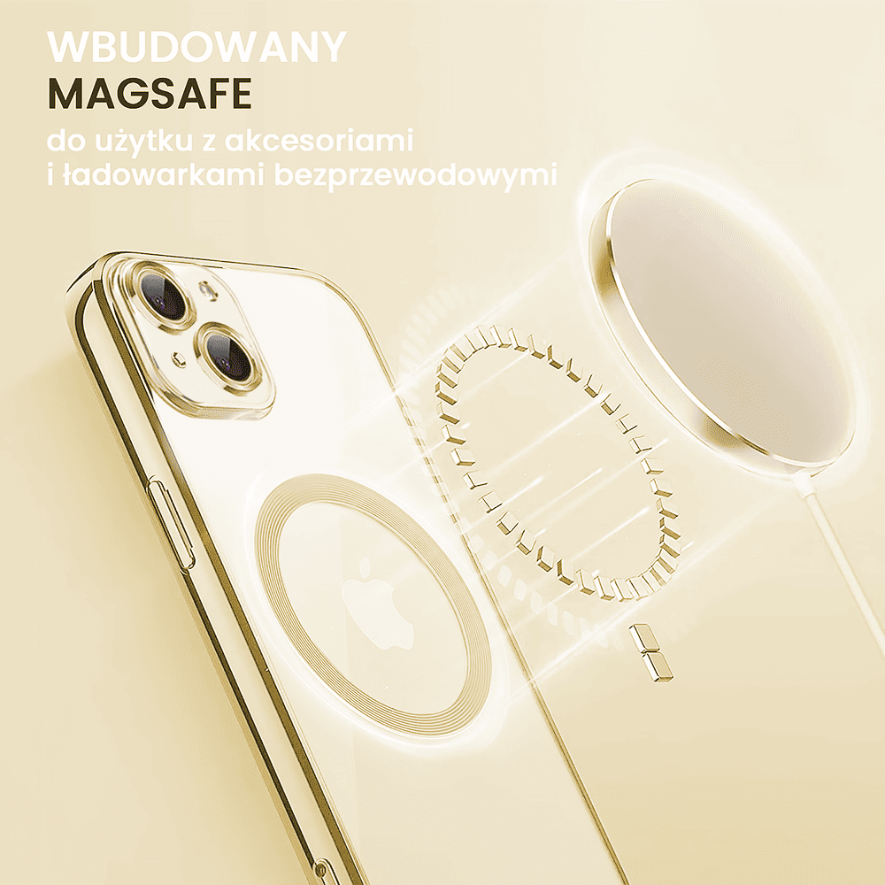 Etui do iPhone 15 Slim Protect Full Cover MagSafe Hard Back, twardy tył, przeźroczyste, złote