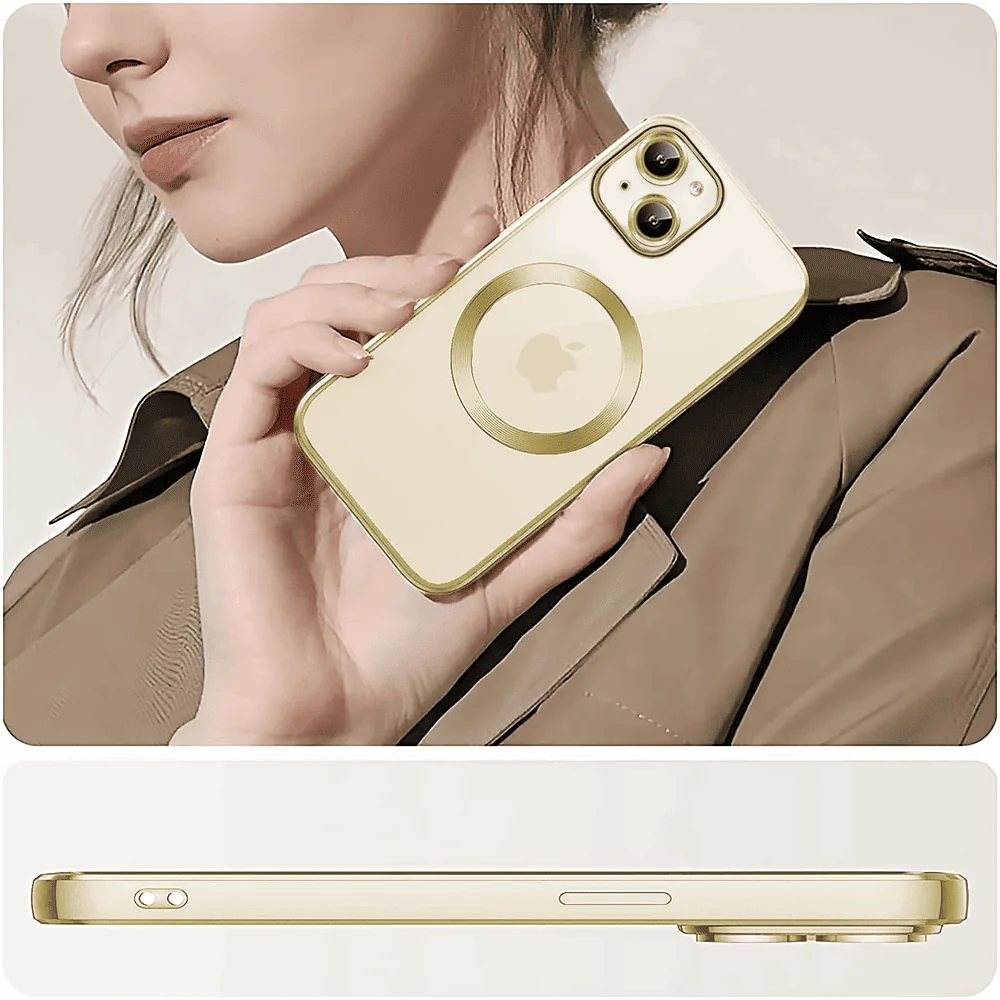 Etui do iPhone 15 Slim Protect Full Cover MagSafe Hard Back, twardy tył, przeźroczyste, złote