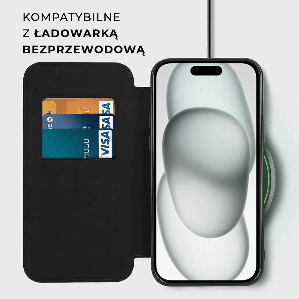 Etui do iPhone 15 typu książka Book Magsafe Lens Protect, z klapką, czarne
