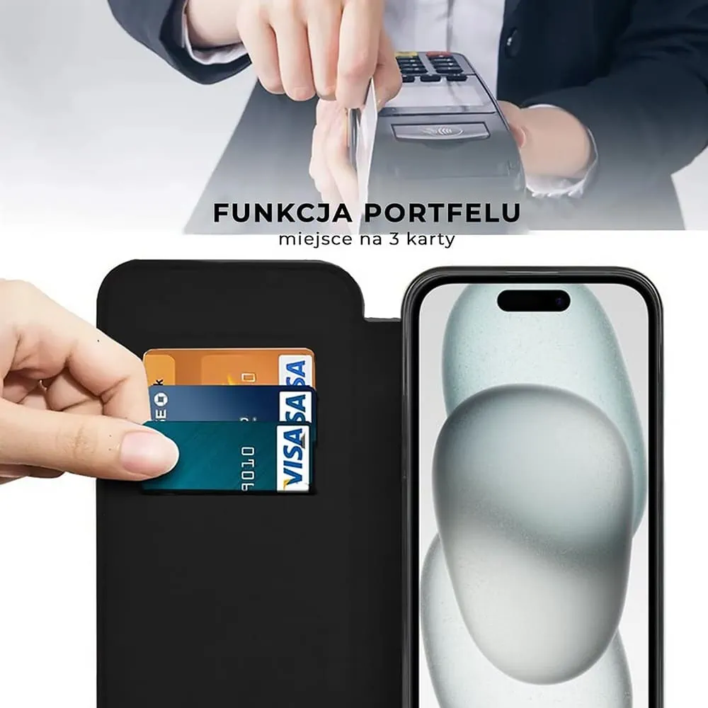 Etui do iPhone 15 typu książka Book Magsafe Lens Protect, z klapką, czarne