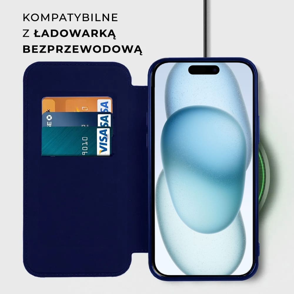 Etui do iPhone 15 Plus typu książka Book Magsafe Lens Protect, z klapką, granatowe