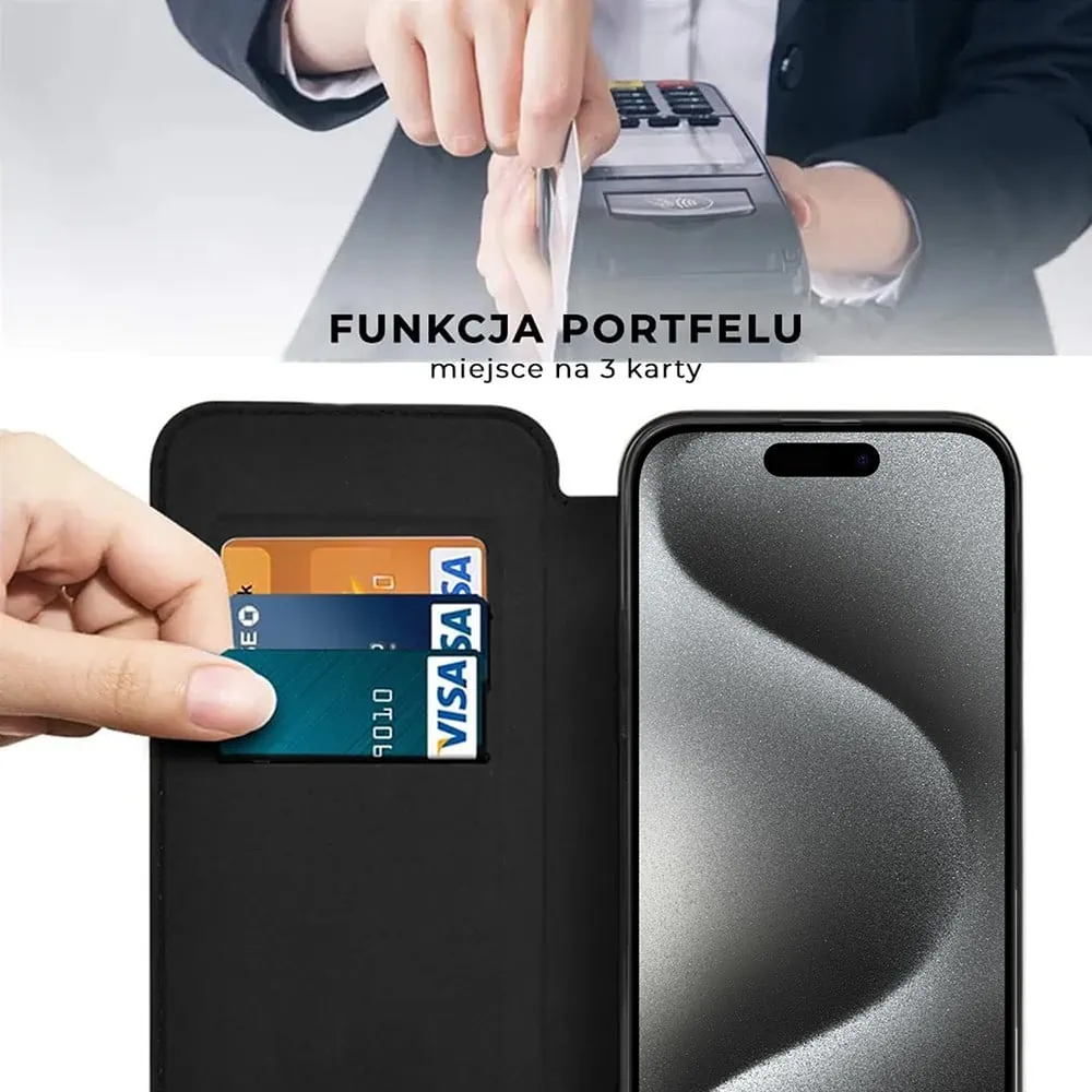 Etui do iPhone 15 Pro Max typu książka Book Magsafe Lens Protect, z klapką, czarne