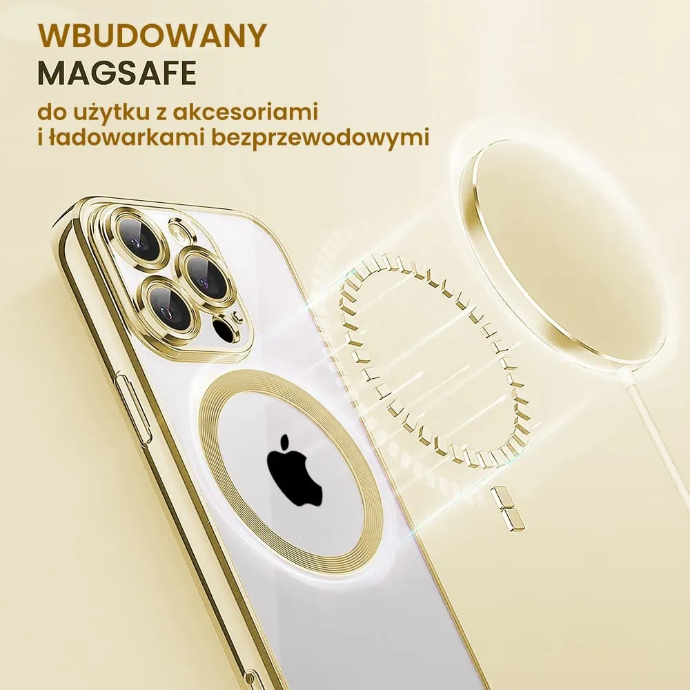 Etui do iPhone 15 Pro Max Slim Protect Full Cover MagSafe Hard Back, twardy tył, przeźroczyste, złote (OUTLET)