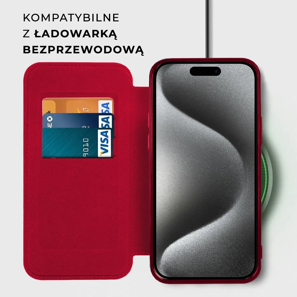 Etui do iPhone 15 Pro typu książka Book Magsafe Lens Protect, z klapką, czerwone