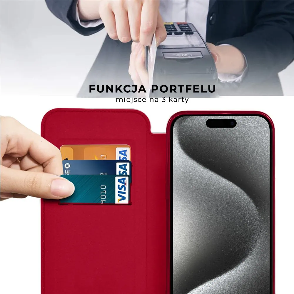 Etui do iPhone 15 Pro typu książka Book Magsafe Lens Protect, z klapką, czerwone
