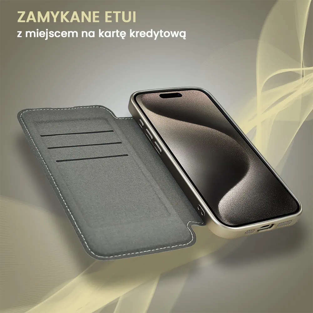 Etui do iPhone 15 Pro typu książka Book Magsafe Lens Protect, z klapką, tytanowe
