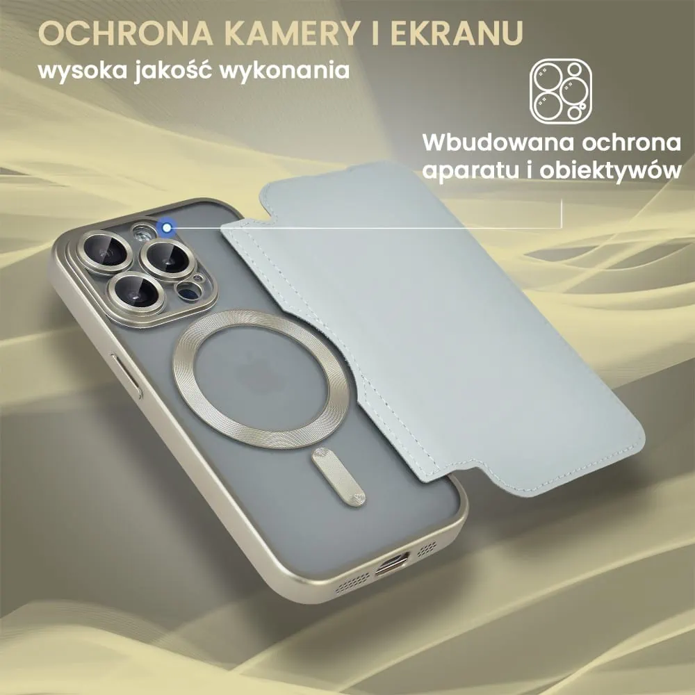 Etui do iPhone 15 Pro typu książka Book Magsafe Lens Protect, z klapką, tytanowe