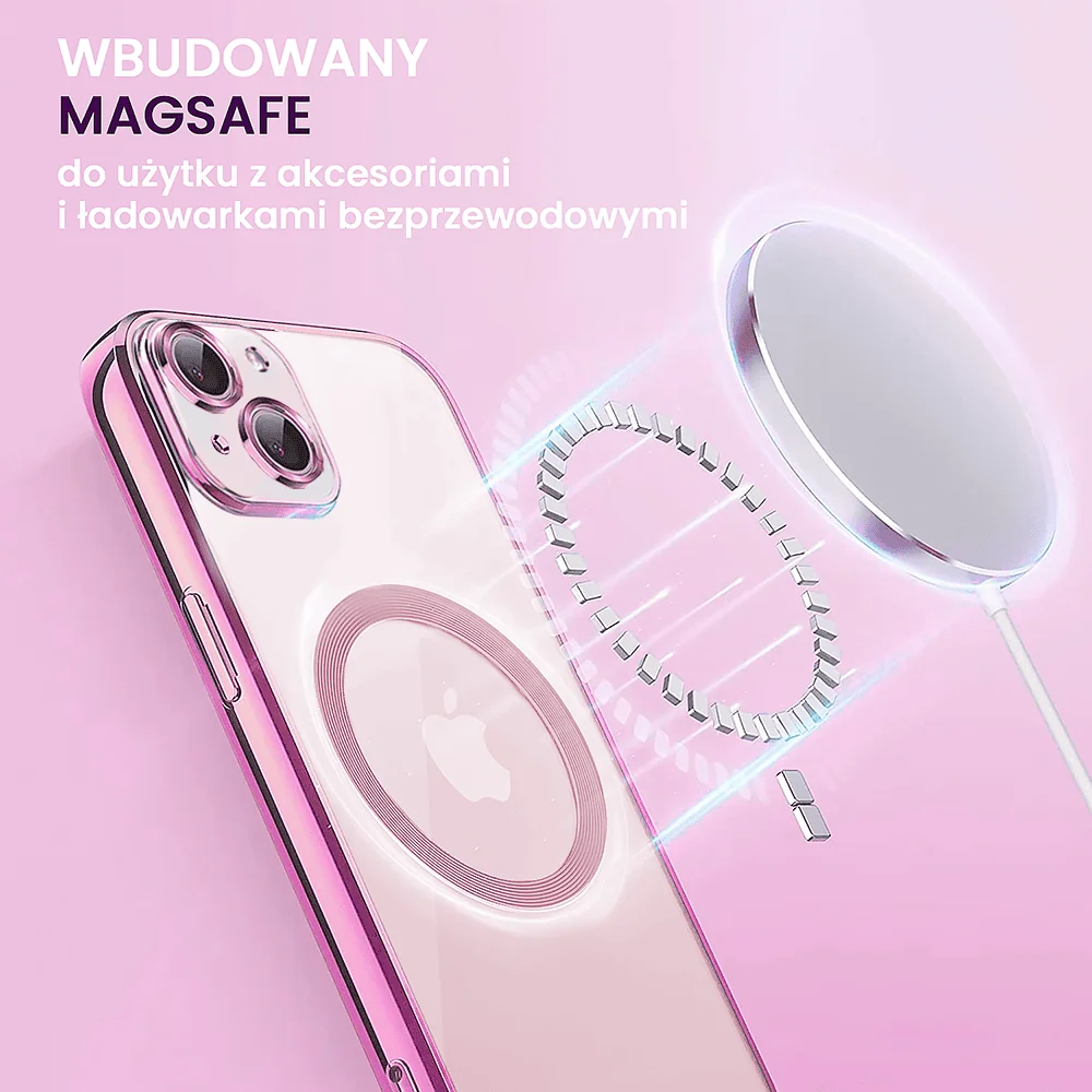 Etui do iPhone 15 Slim Protect Full Cover MagSafe Hard Back, twardy tył, przeźroczyste, różowe
