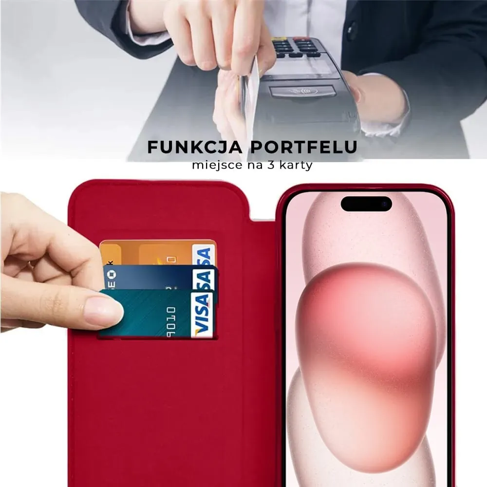 Etui do iPhone 15 typu książka Book Magsafe Lens Protect, z klapką, czerwone