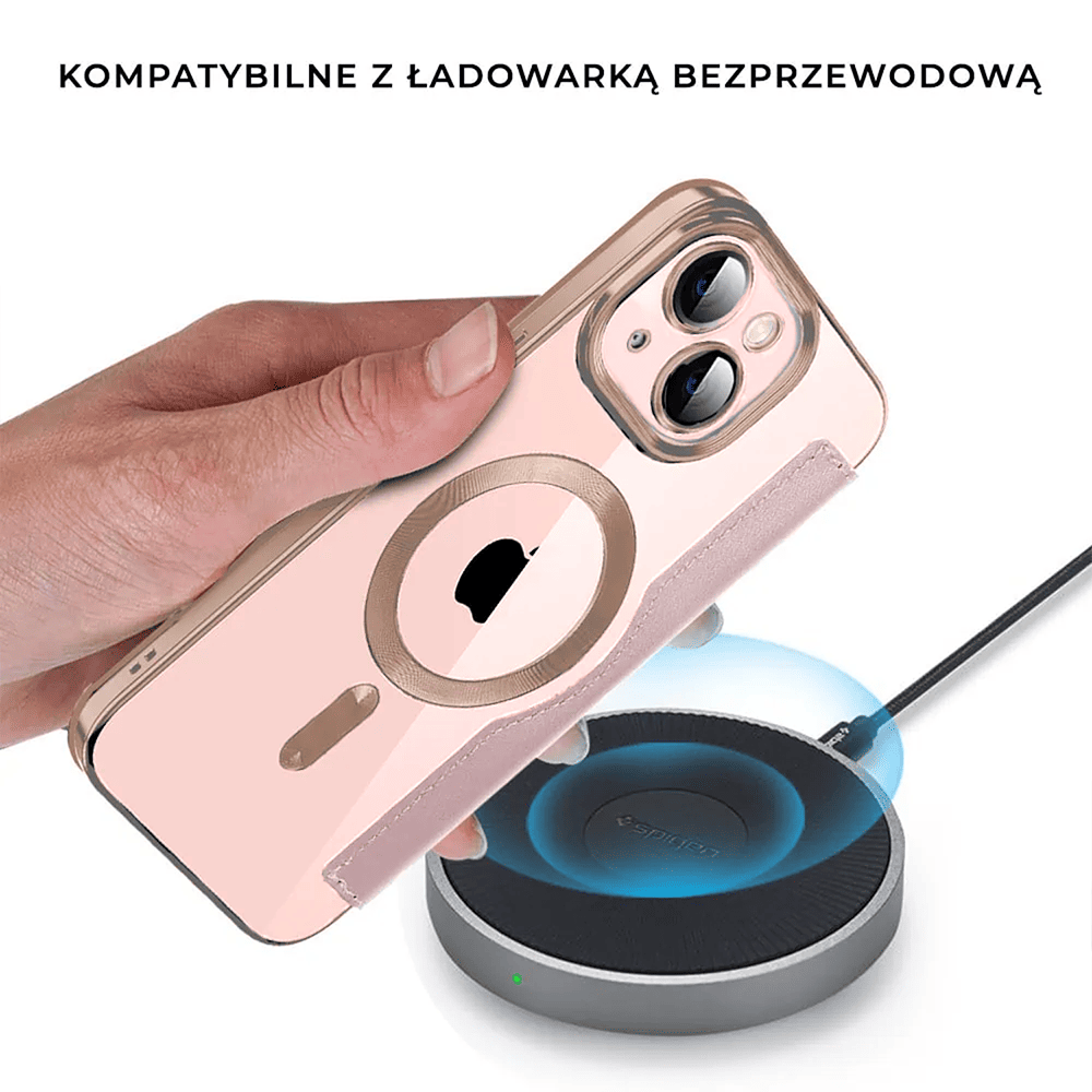 Etui do iPhone 15 typu książka Book Magsafe Lens Protect, z klapką, różowe