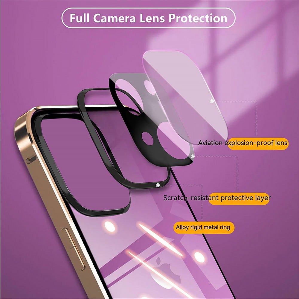 Obudowa do iPhone 15 Plus podwójna szyba i aluminium 360° przód + tył magnetyczna, z osłoną aparatu, złota