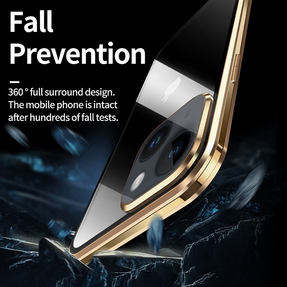 Obudowa do iPhone 15 Plus podwójna szyba i aluminium 360° przód + tył magnetyczna, z osłoną aparatu, złota